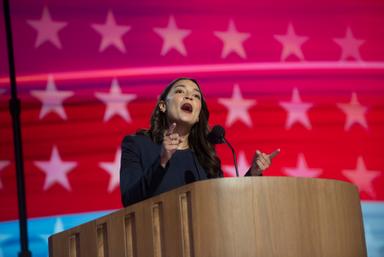 August 19, 2024 – Chicago, Illinois: Representative Alexandria Ocasio-Cortez of New York speaks at the first night of the Democratic National Convention.