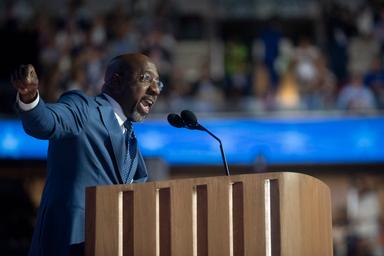 August 19, 2024 – Chicago, Illinois: United States Senator from Georgia Reverend Raphael Warnock speaks at the first night of the Democratic National Convention.