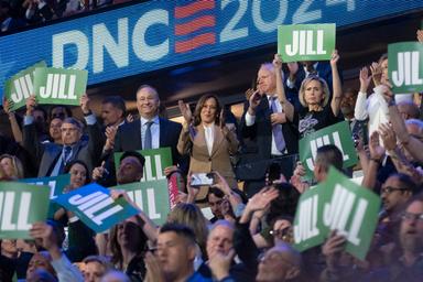 August 19, 2024 – Chicago, Illinois: Second Gentleman Douglas Emhoff, Vice President Kamala Harris, Governor Tim Walz in the audience at the Democratic National Convention.