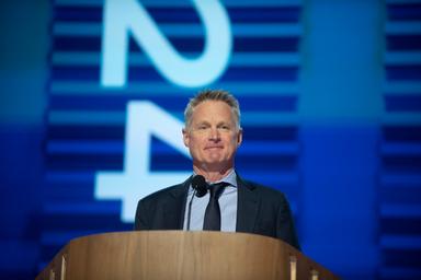 August 19, 2024 – Chicago, Illinois: NBA basketball coach Steve Kerr speaks at the first night of the Democratic National Convention.