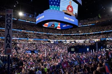 August 19, 2024 – Chicago, Illinois: The crowd filled the United Center the first night of the Democratic National Convention.