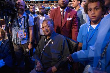 August 20, 2024 – Chicago, Illinois: Rev. Jesse Jackson Sr. is pushed in a wheelchair to his seat at the Democratic National Convention.