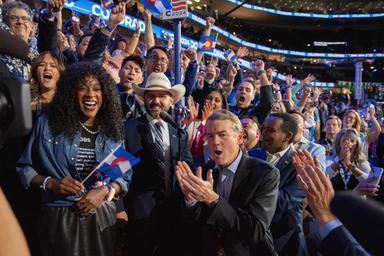 August 20, 2024 – Chicago, Illinois: The Colorado delegation during the  “celebratory” roll call vote to nominate Vice President Kamala Harris on the second night of the Democratic National Convention in Chicago.
