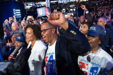 August 20, 2024 – Chicago, Illinois: The District of Columbia delegation during the  “celebratory” roll call vote to nominate Vice President Kamala Harris on the second night of the Democratic National Convention in Chicago.