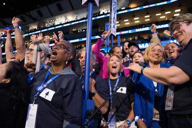 August 20, 2024 – Chicago, Illinois: The Maine delegation during the  “celebratory” roll call vote to nominate Vice President Kamala Harris on the second night of the Democratic National Convention in Chicago.