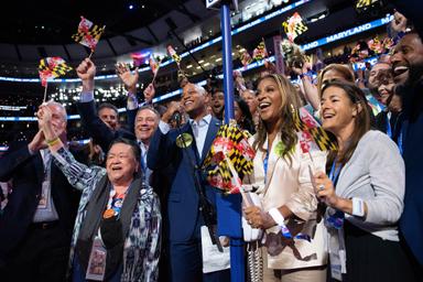 August 20, 2024 – Chicago, Illinois: The Maryland delegation during the  “celebratory” roll call vote to nominate Vice President Kamala Harris on the second night of the Democratic National Convention in Chicago.