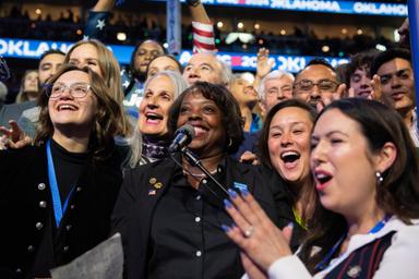 August 20, 2024 – Chicago, Illinois: The Oklahoma delegation during the  “celebratory” roll call vote to nominate Vice President Kamala Harris on the second night of the Democratic National Convention in Chicago.