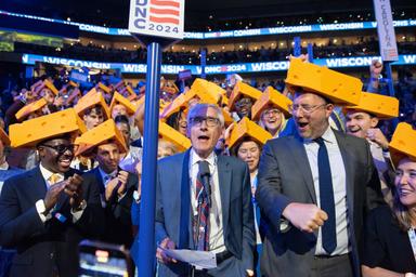 August 20, 2024 – Chicago, Illinois: The Wisconsin delegation during the  “celebratory” roll call vote to nominate Vice President Kamala Harris on the second night of the Democratic National Convention in Chicago.