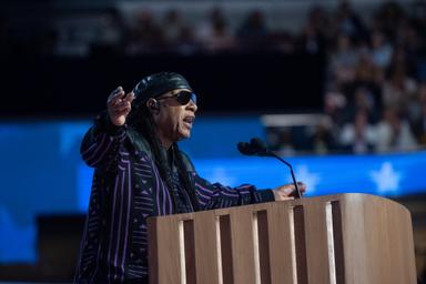August 21, 2024 – Chicago, Illinois: Stevie Wonder makes remarks before he performs at the Democratic Convention.