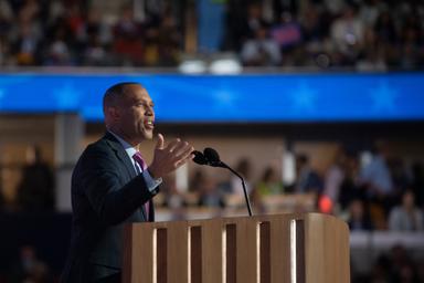 August 21, 2024 – Chicago, Illinois: United States House of Representative Democratic Leader Hakeem Jeffries speaks at the Democratic National Convention in Chicago.