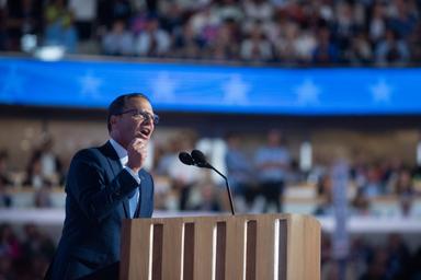 August 21, 2024 – Chicago, Illinois: Governor of Pennsylvania Josh Shapiro speaks at the Democratic National Convention.
