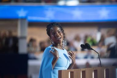 August 21, 2024 – Chicago, Illinois: National Youth Poet Laureate Amanda Gorman on the third night at the Democratic National Convention in Chicago.