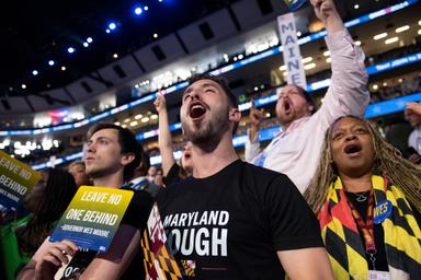 August 21, 2024 – Chicago, Illinois: Maryland delegates cheer for Maryland Governor Wes Moore during his remarks at the Democratic National Convention.