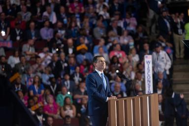 August 21, 2024 – Chicago, Illinois: United States of Transportation Pete Buttigieg speaks at the Democratic National Convention.
