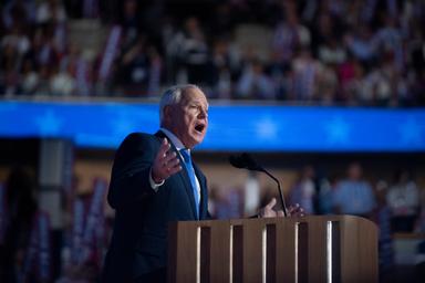 August 21, 2024 – Chicago, Illinois: Governor of Minnesota and Vice President nominee Tim Walz speaks at the Democratic National Convention.
