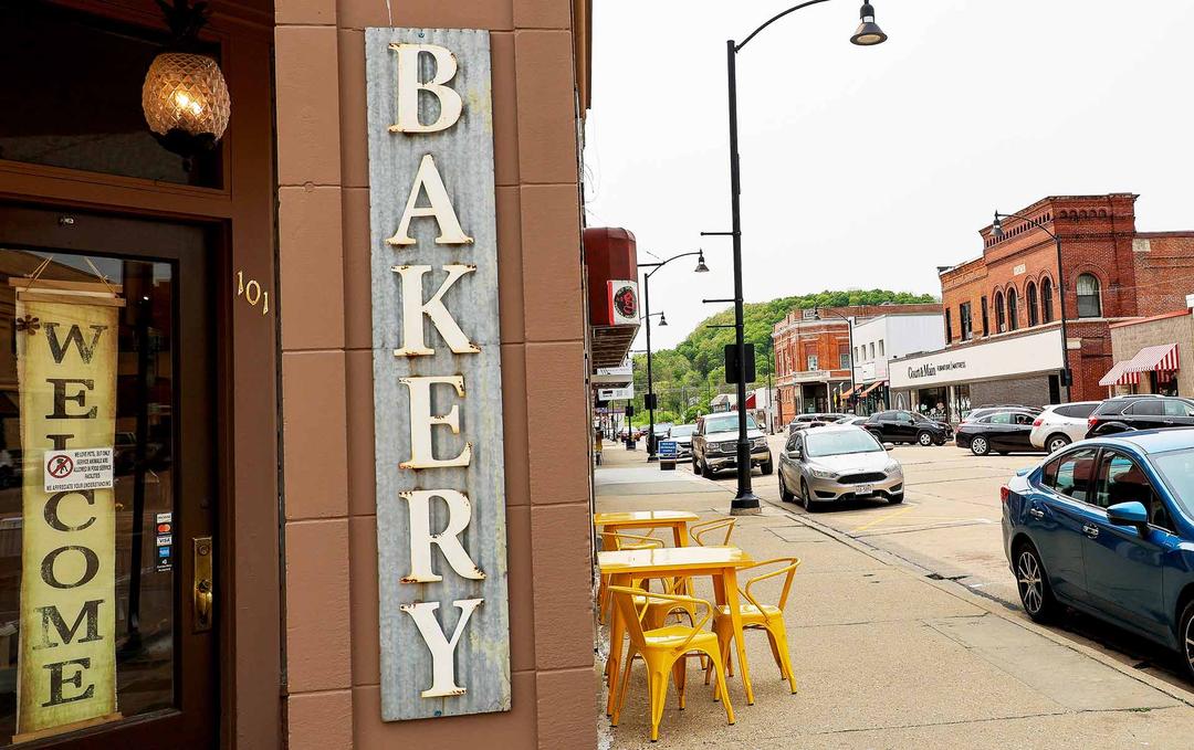 Downtown street and bakery sign