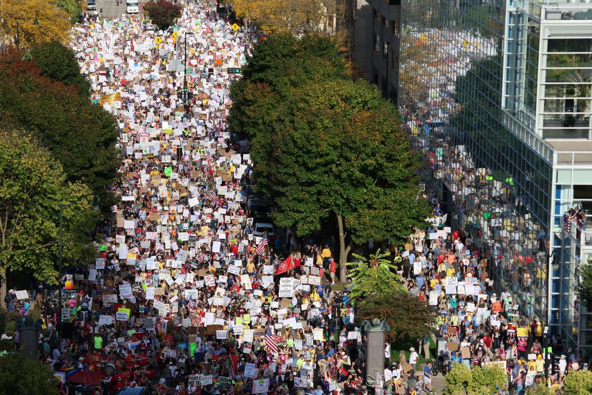 State Capital observation deck view of No Kings protest