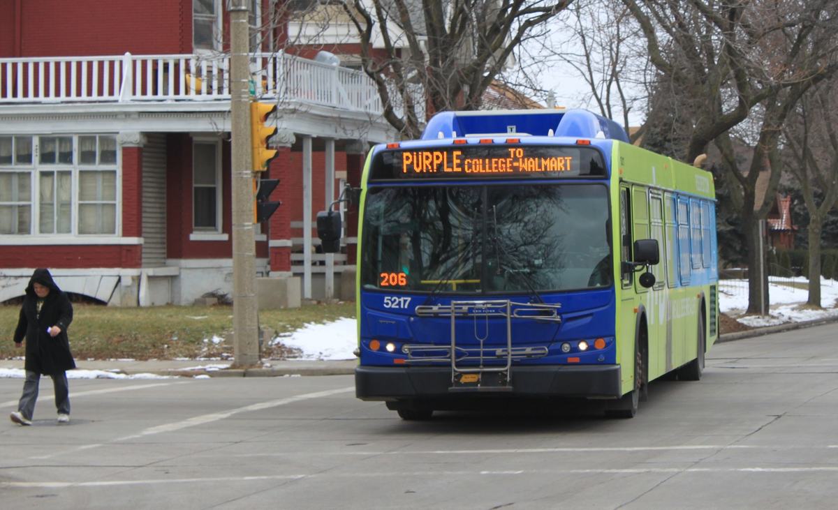 City bus rides down the street.