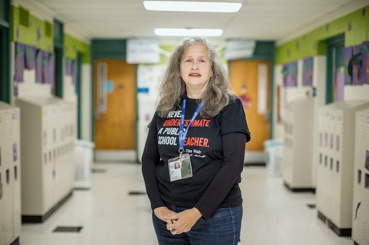 Mary Craite, 64, a public school teacher, poses for a portrait at Riverside Elementary School in Waterford Township on October 9, 2026. She said training in the science of reading has been critical for teaching struggling readers. (Rosem Morton for Chalkb