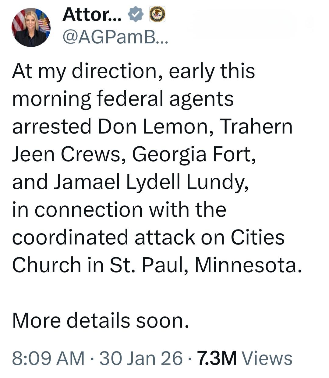 Bondi on X about Lemon’s arrest