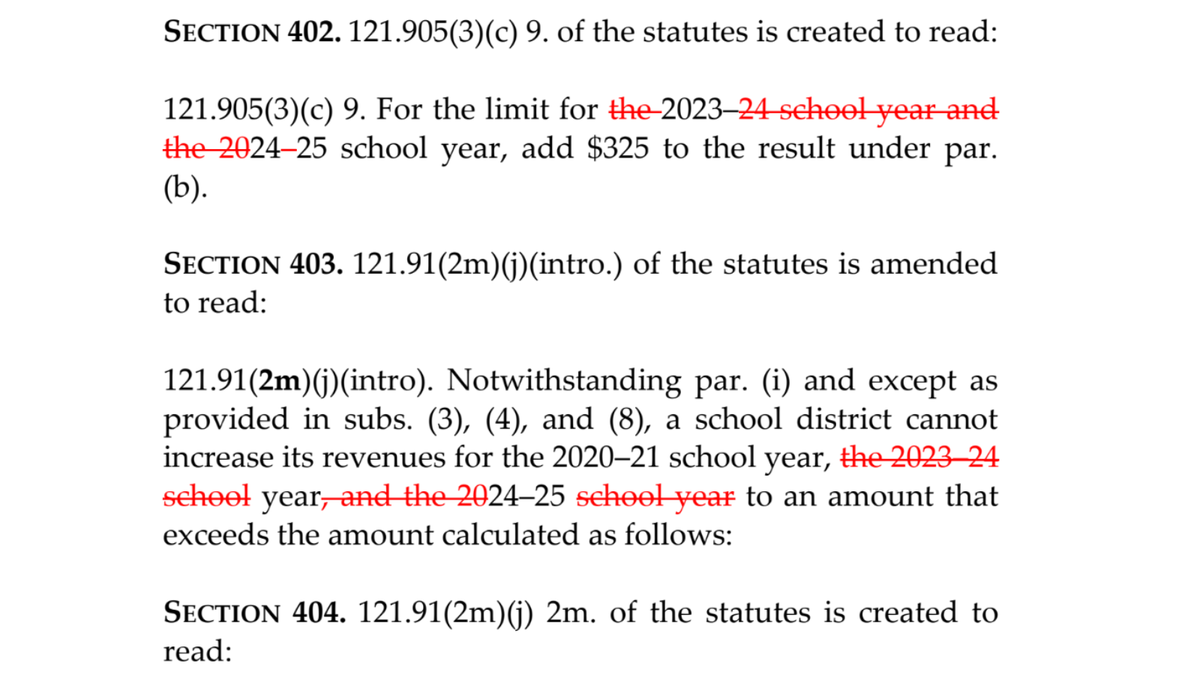 A portion of the 2023 Wisconsin budget bill, now 2023 Act 19, that Governor Tony Evers partially vetoed to extend school funding for 402 years.
