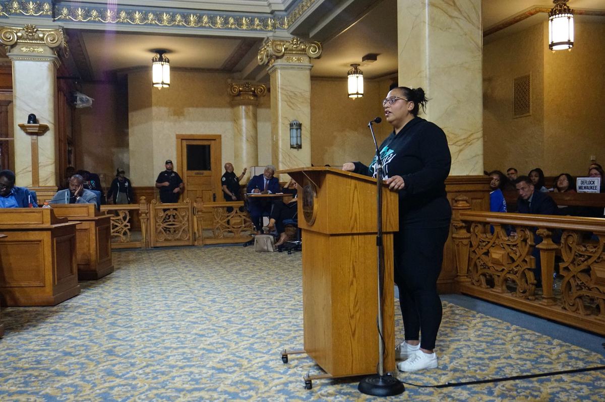 Angela Lang, executive director of Black Leaders Organizing for Communities, gives public comment on the mayor’s proposed city budget at the Joint Public Hearing at City Hall. (Photo by Meredith Melland)
