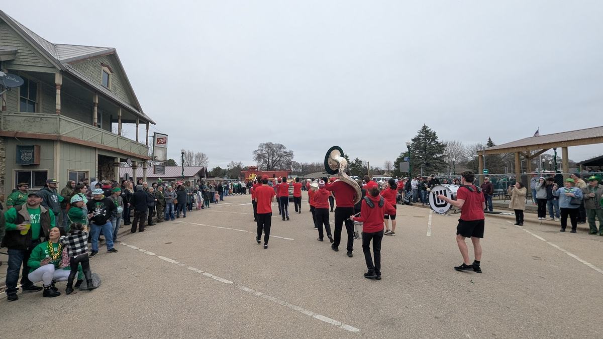The UW-Madison Marching Band plays during the Avoca St. Patrick's Day Parade 2025.
