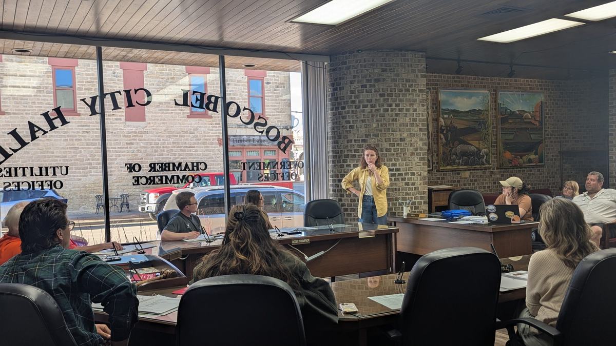 Rebecca Cooke, candidate for Congress in Wisconsin's 3rd Congressional District, speaks at a Boscobel Chamber of Commerce meeting on May 13, 2026.