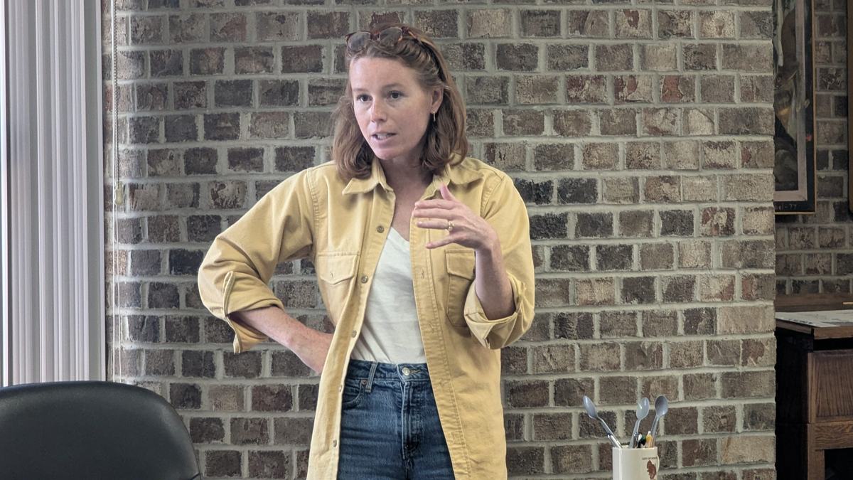 Rebecca Cooke, candidate for Congress in Wisconsin's 3rd Congressional District, speaks at a Boscobel Chamber of Commerce meeting on May 13, 2026.