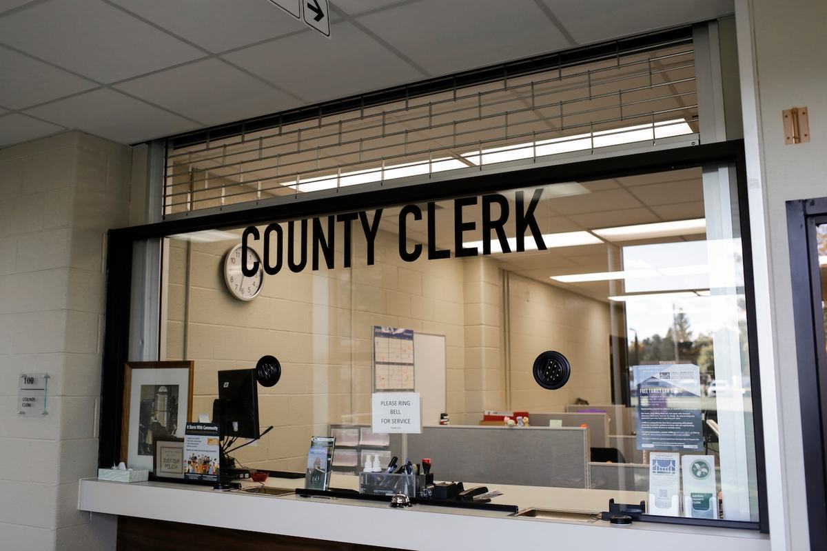 The county clerk's office in the Antrim County government building in Bellaire, Michigan. (Kristen Norman for Votebeat)