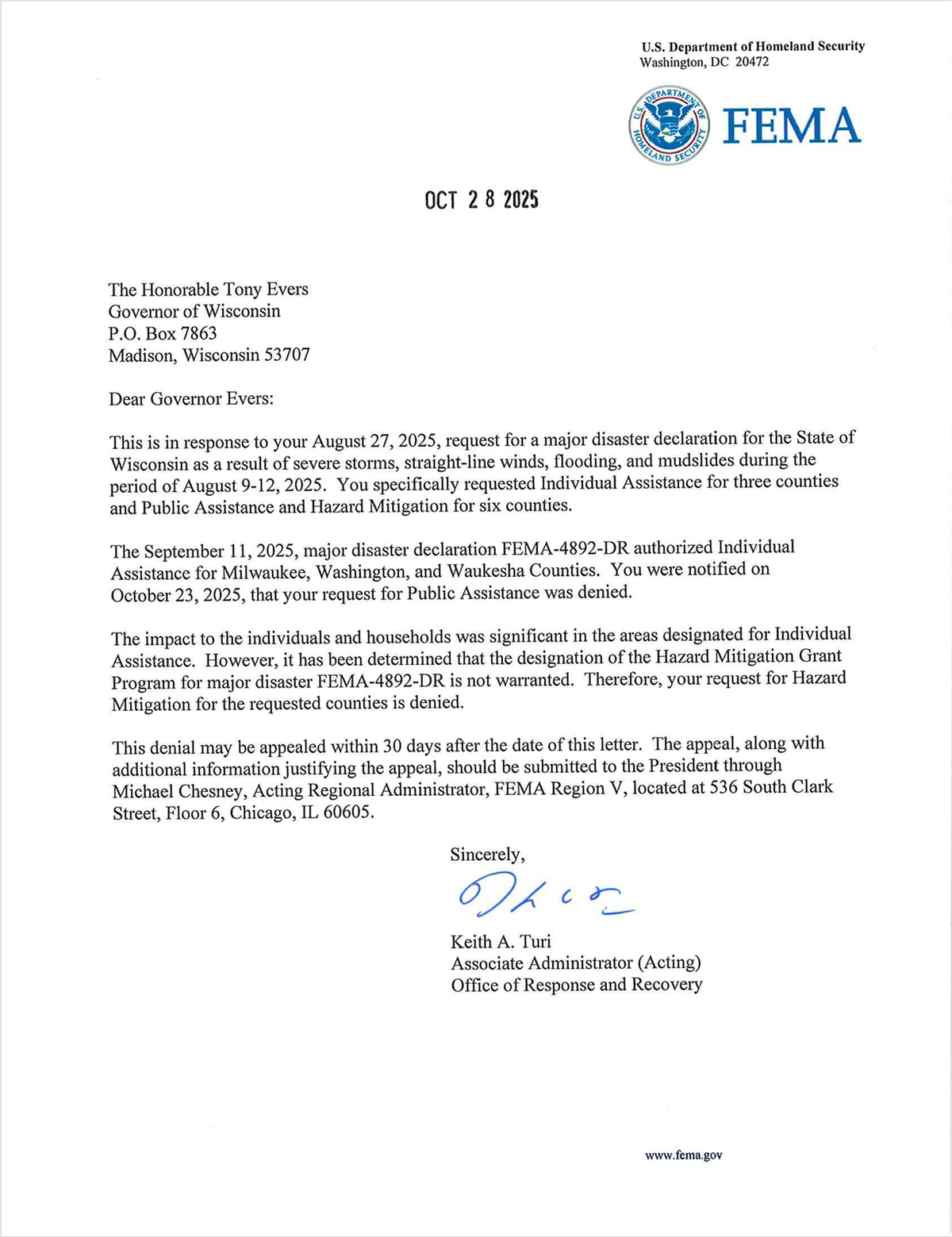 FEMA relief denial letter to Evers