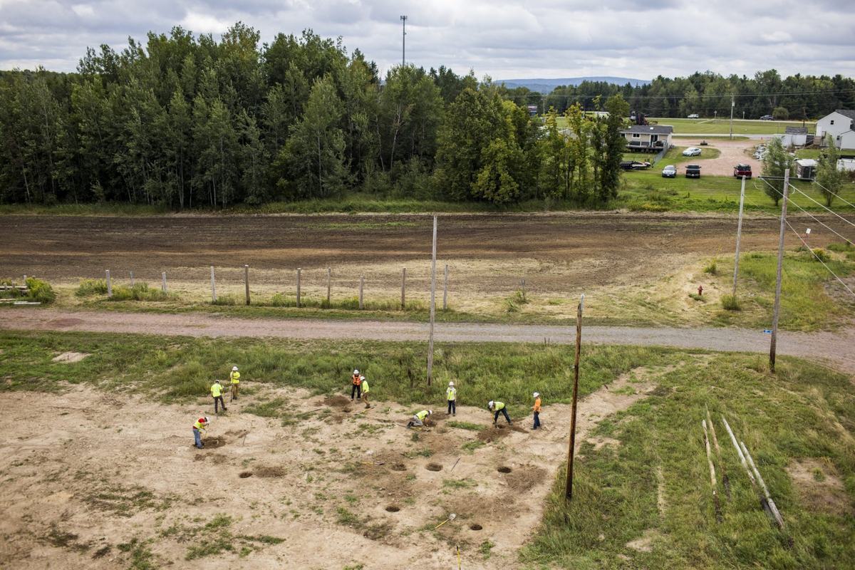 People wearing hard hats and reflective safety vests stand, kneel and dig in a dirt field dotted with holes, near wooden utility poles, a gravel road, a tree line and houses.