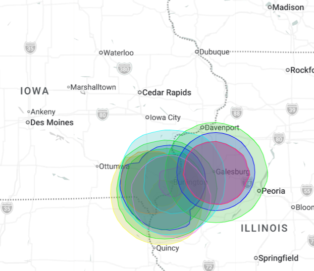 Map of Civic Media coverage including Burlington and Fort Madison, Iowa, and Galesburg, Illinois