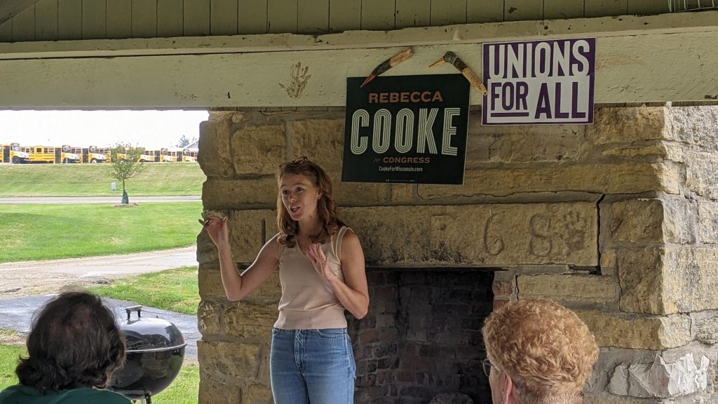 Wisconsin Congressional candidate Rebecca Cooke speaks to supporters at her "Cooke Out" campaign stop in Platteville, Wis. on Aug. 6, 2023.