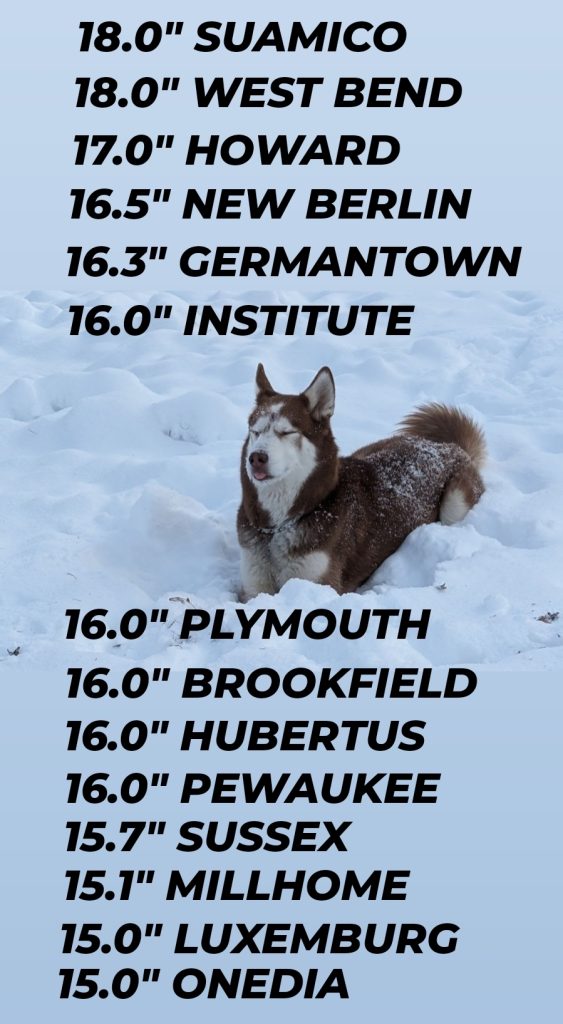 Snow Totals Friday January 12th to Saturday January 13th, 2024.