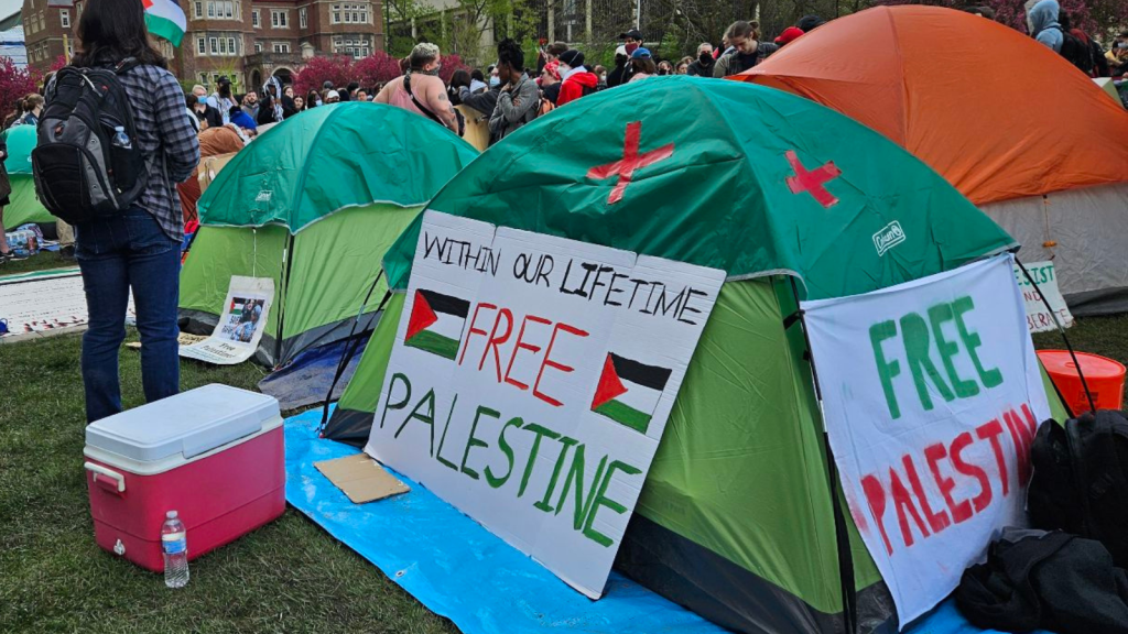 Tents are set up during a pro-Palestine protest on the UW-Madison campus on April 29, 2024.