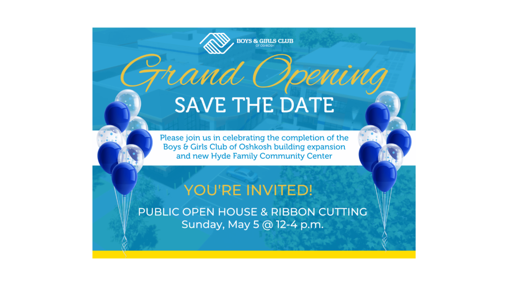 Social media tile with information about the grand opening of the Boys and Girls Club of Oshkosh