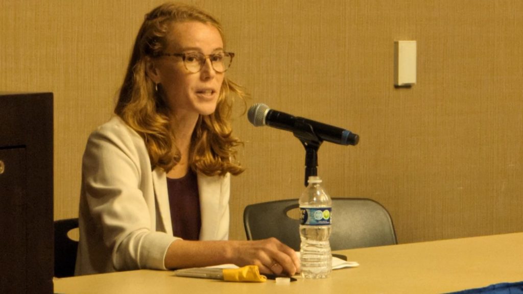 Democratic Congressional candidate Rebecca Cooke speaks at a forum on June 12, 2024 at the University of Wisconsin-Platteville.