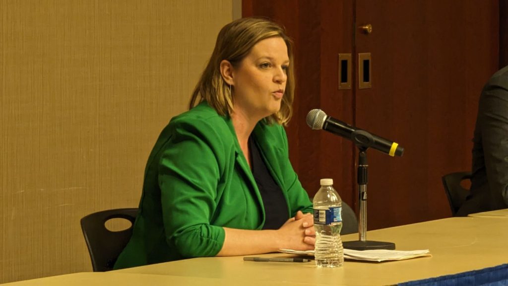 Democratic Congressional candidate Katrina Shankland speaks at a forum on June 12, 2024 at the University of Wisconsin-Platteville.