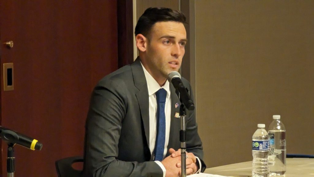 Democratic Congressional candidate Eric Wilson speaks at a forum on June 12, 2024 at the University of Wisconsin-Platteville.