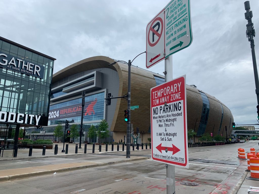 Fiserv Forum, host of the 2024 Republican National Convention, as seen in the days leading up to the event.