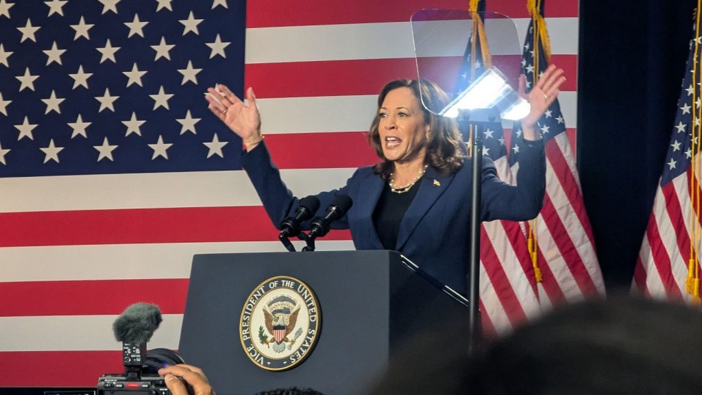 Kamala Harris speaks at a rally in West Allis on July 23, 2024.