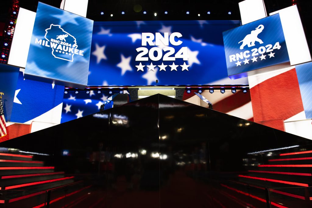 July 14, 2024 – Milwaukee, Wisconsin: The stage inside the Fiserv Forum the day before the start of the 2024 Republican National Convention.