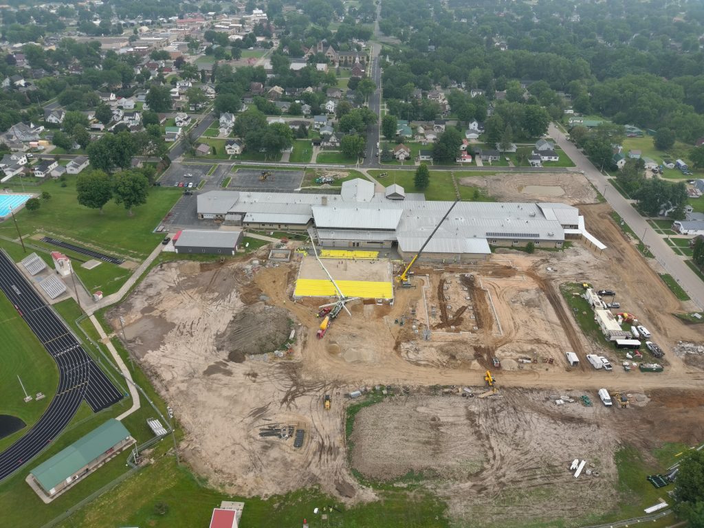 An aerial view of the construction at Boscobel schools on July 11, 2024.