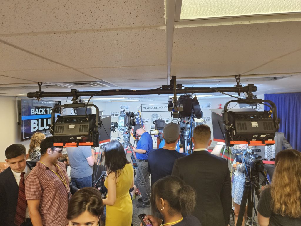 Assembled media for JD Vance event in Milwaukee, 081624