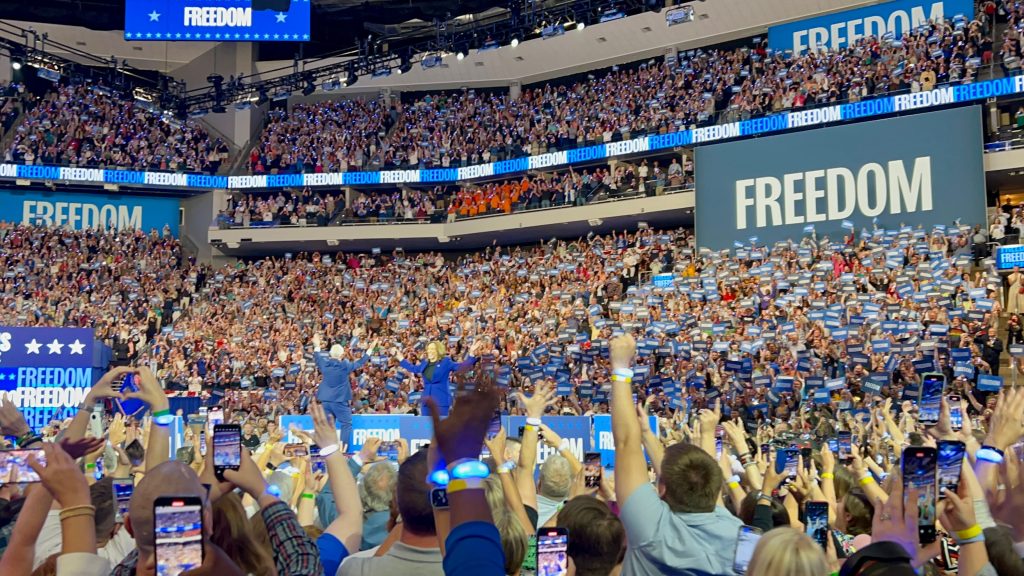 Vice President Kamala Harris and Minnesota Gov. Tim Walz spoke to a crowd at the Fiserv Forum in Milwaukee on Tuesday.