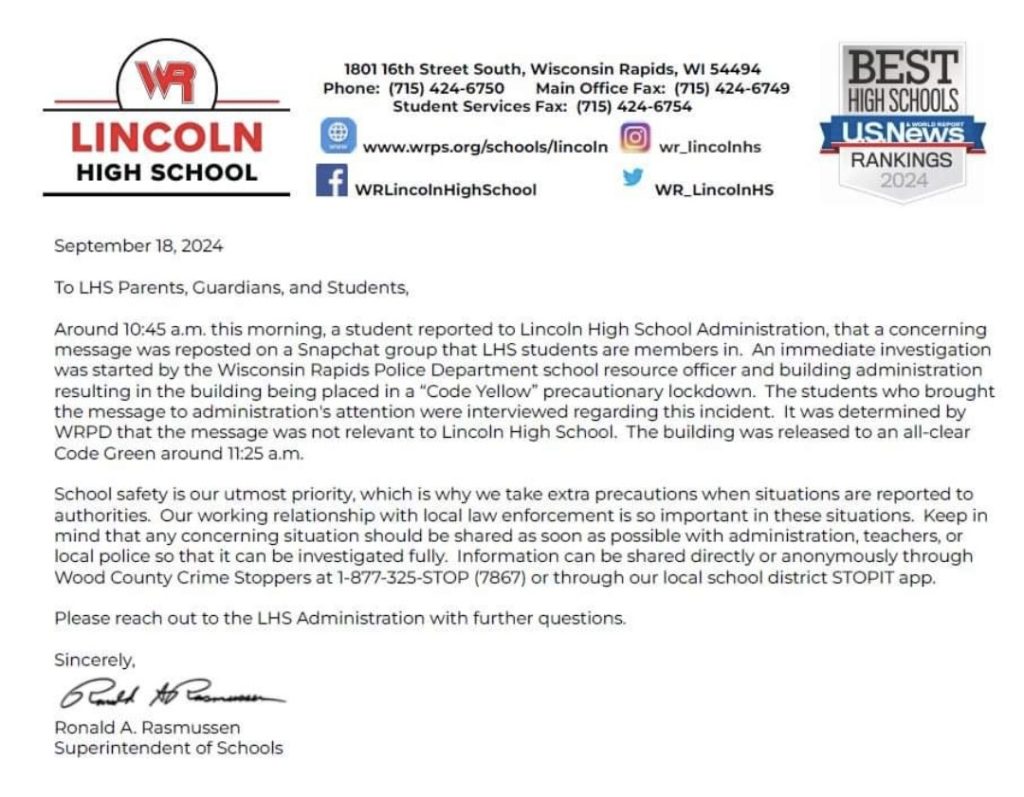 Letter from WRPS on Lockdown at LHS