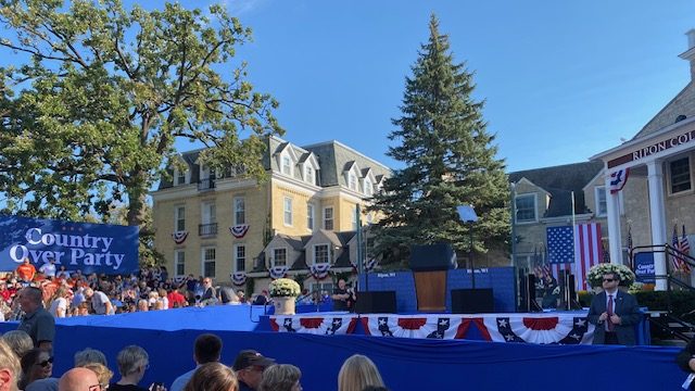 The Country Over Party sign and event stage at Ripon College