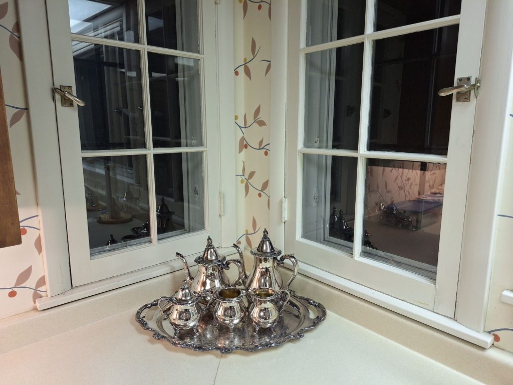 Silver tea set in the kitchen of the Alexander House