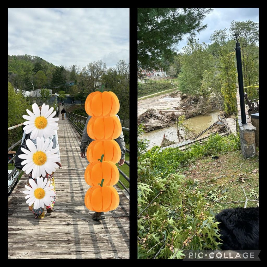 Two pictures. One of the North Toe Bridge. One of the destruction of the bridge after Hurricane Helene.